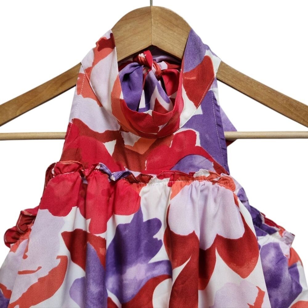 Entro  Red Purple Abstract Floral Halter Mini Layered Flared Dress Size L Beach - Picture 6 of 15